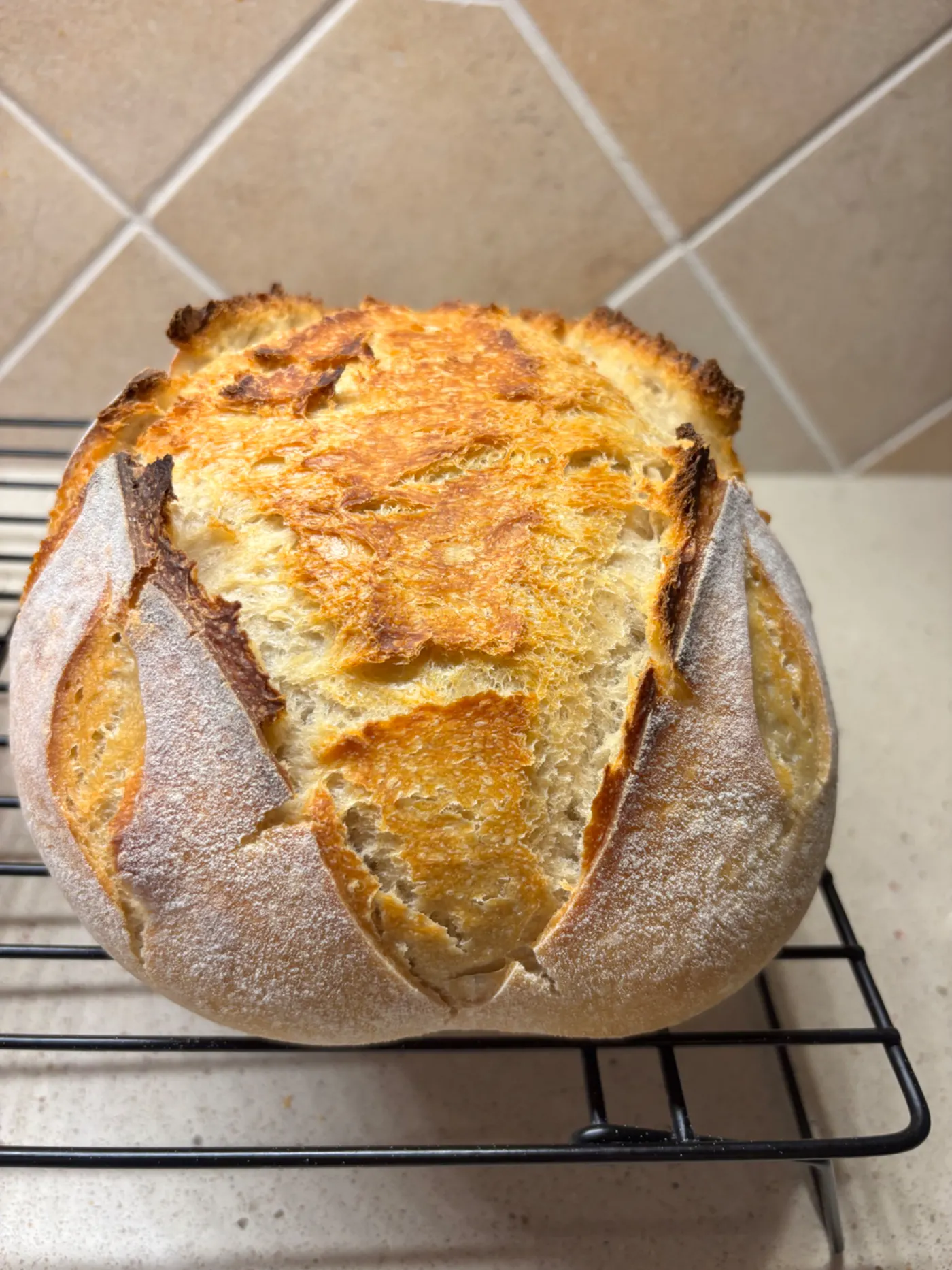 Rustic artisan sourdough loaf on a cooling rack